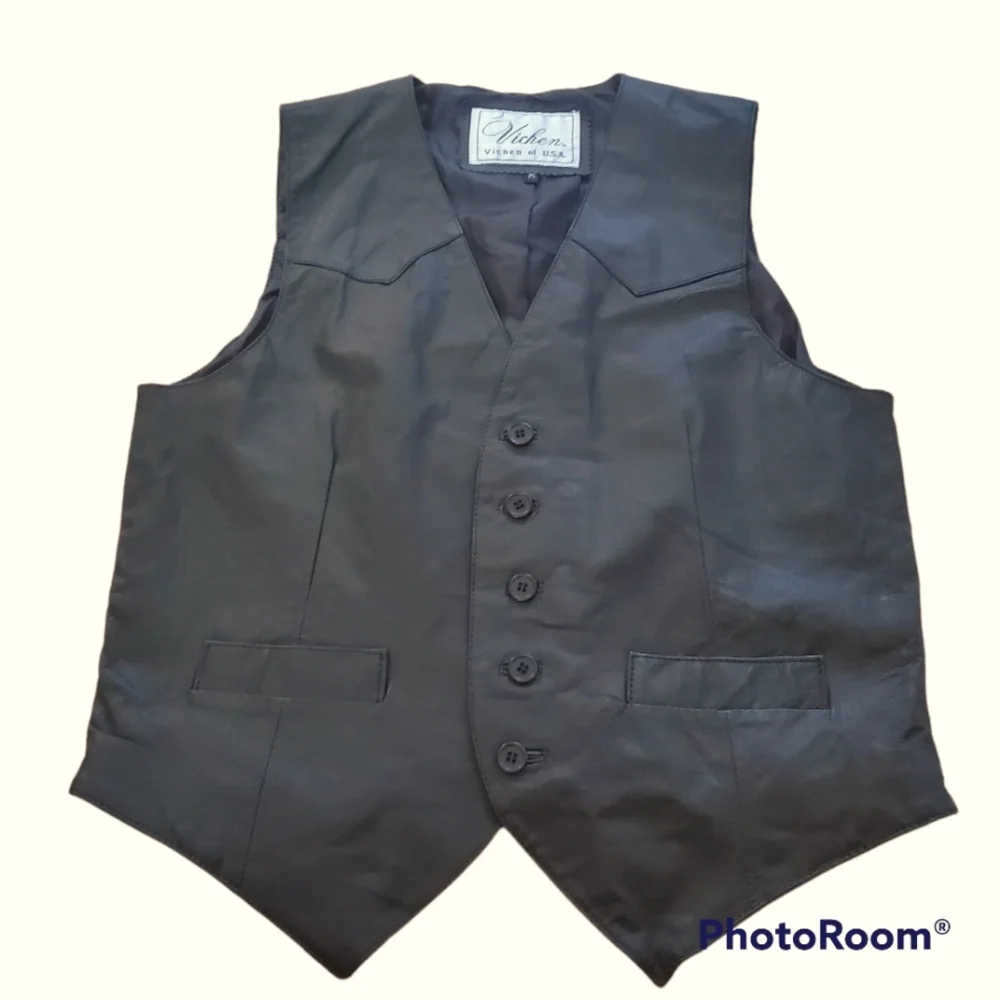 Vichen Black Leather Motorcycle Button Vest M